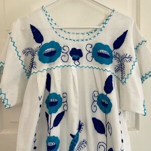 Vintage Mexican Embroidered Caftan - White/Blue